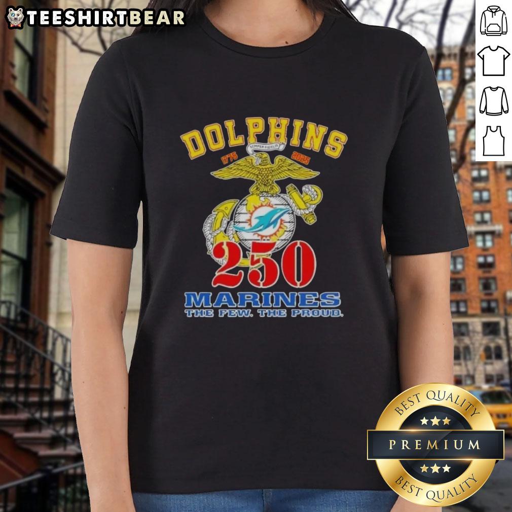 Good Miami Dolphins X U.S.M.C 250th Birthday Celebration ladies tee featuring vibrant team colors and festive design.