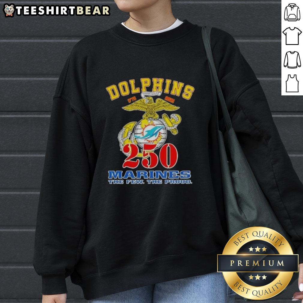 Good Miami Dolphins X U.S.M.C 250th Birthday Celebration sweatshirt featuring vibrant team colors and commemorative design.