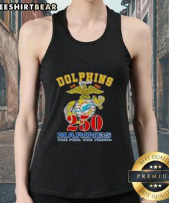 Good Miami Dolphins X U.S.M.C 250th Birthday Celebration tank top featuring vibrant graphics and team logo.