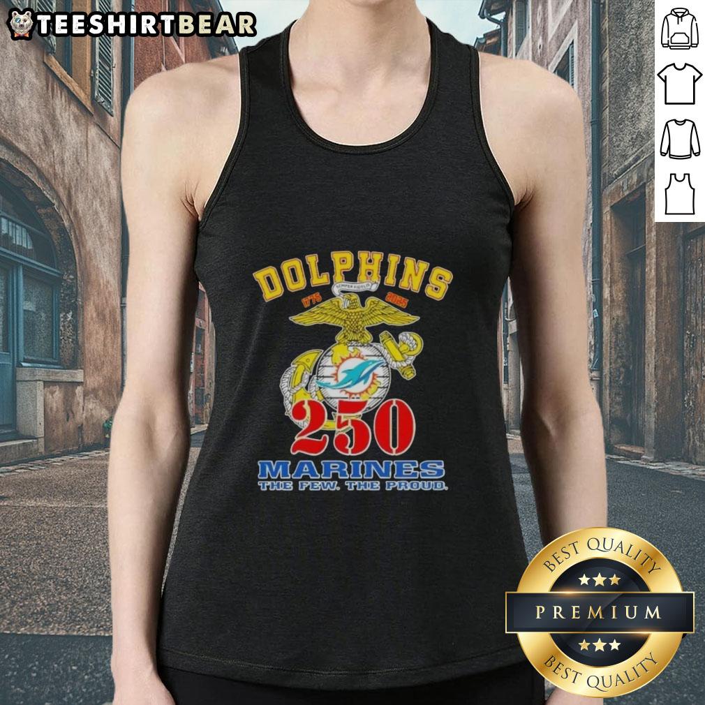Good Miami Dolphins X U.S.M.C 250th Birthday Celebration tank top featuring vibrant graphics and team logo.