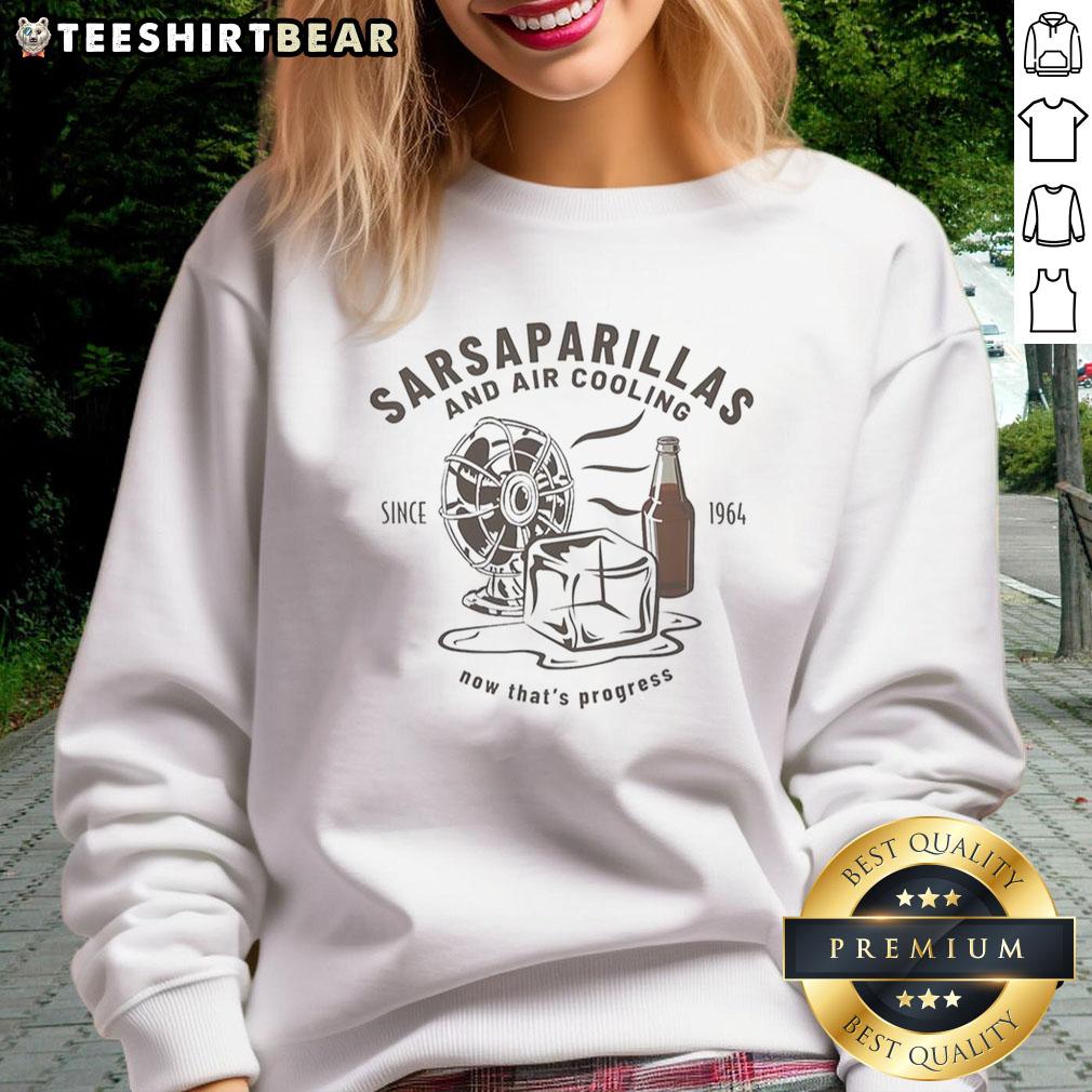 Retro sweatshirt featuring 'Good Sarsaparillas and Air Cooling Since 1964' slogan, perfect for carbonated drinks enthusiasts.