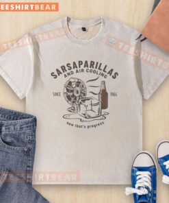 Retro washed t-shirt featuring 'Good Sarsaparillas and Air Cooling Since 1964' design, perfect for carbonated drinks lovers.