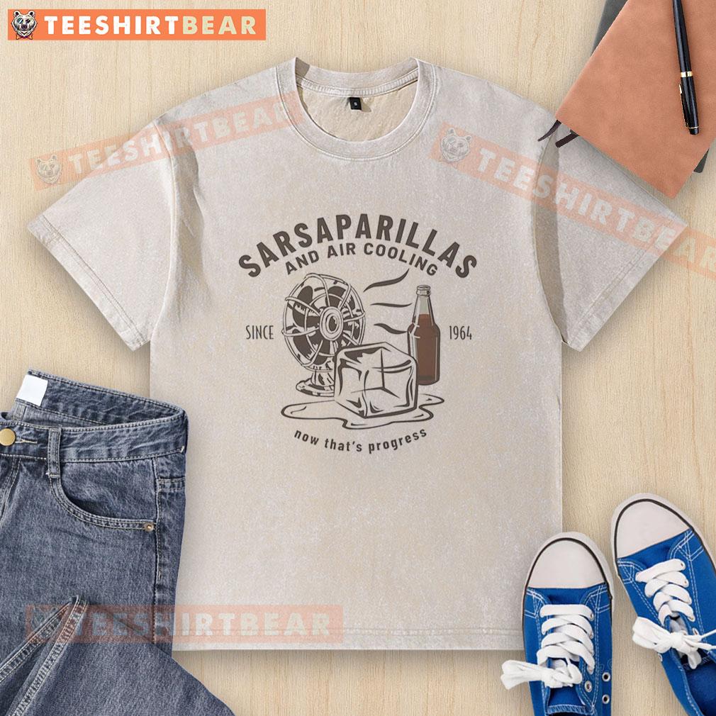 Retro washed t-shirt featuring 'Good Sarsaparillas and Air Cooling Since 1964' design, perfect for carbonated drinks lovers.