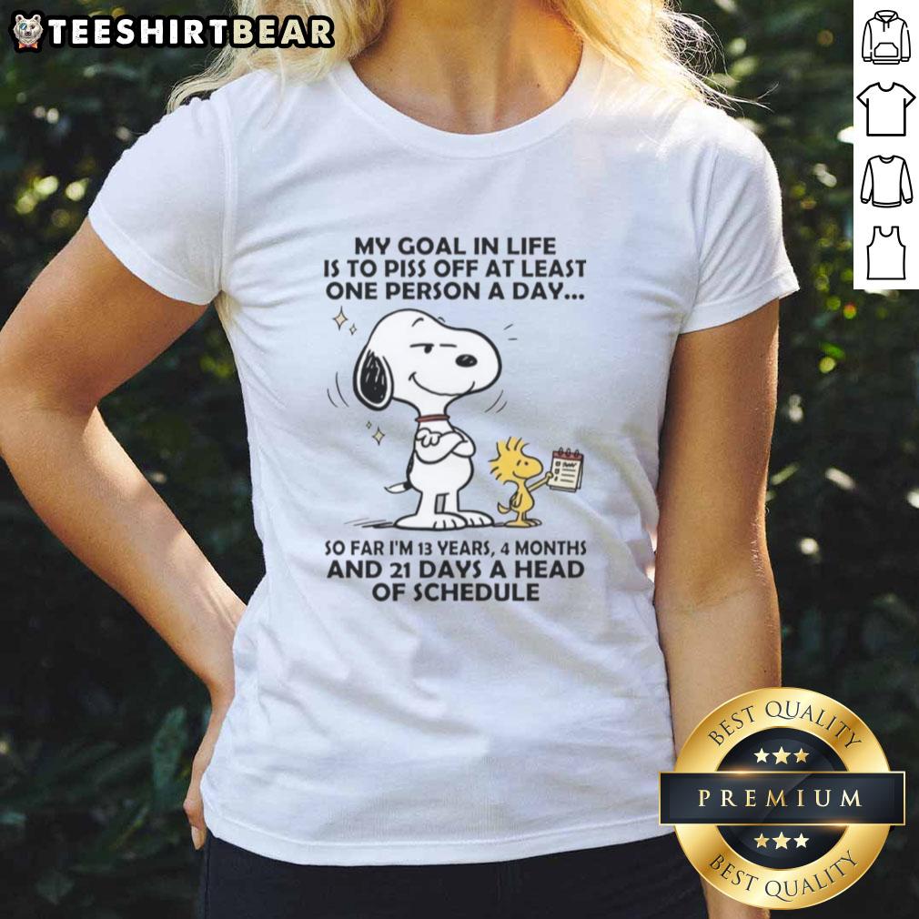 Good Snoopy tee with 'My goal in life is to piss off at least one person a day' slogan for ladies, perfect for casual wear.