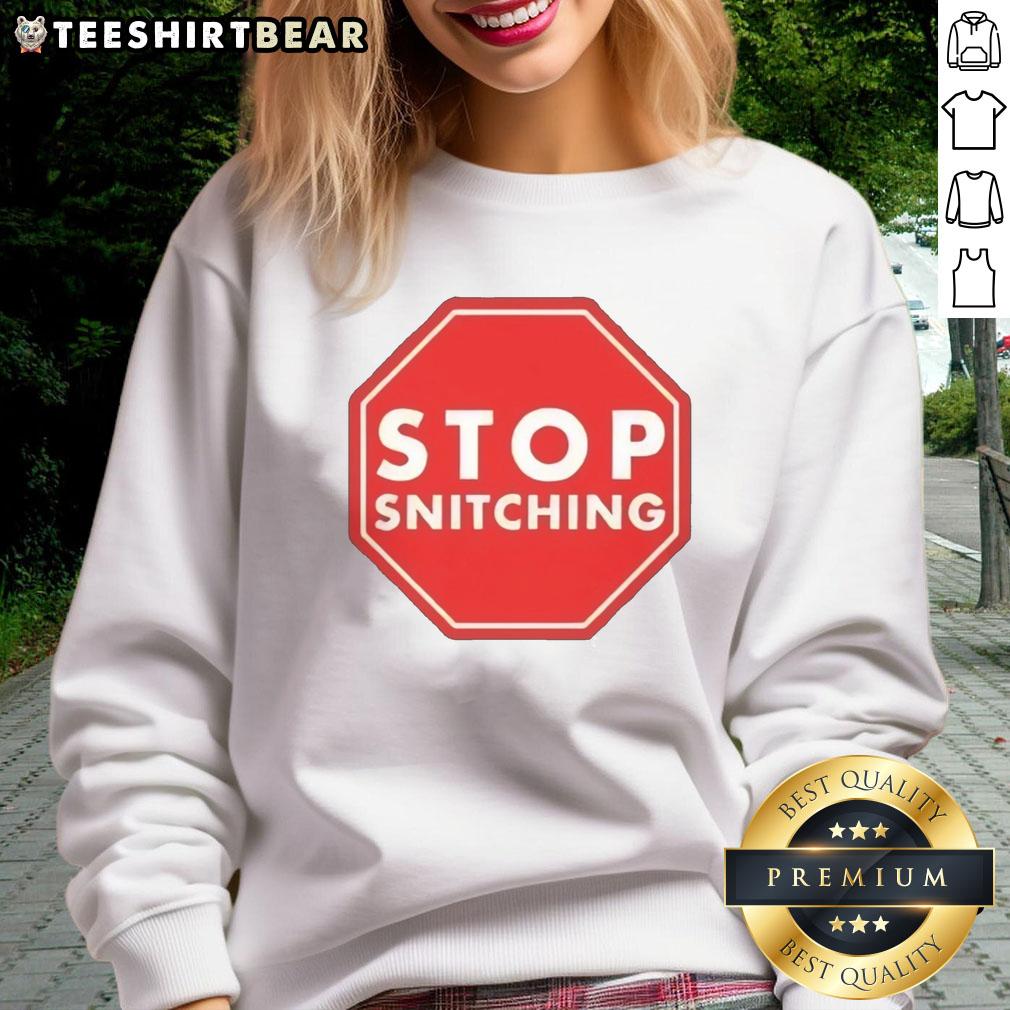 Good Stop Snitching Sweatshirt in black, featuring bold white text, perfect for streetwear enthusiasts and making a statement.