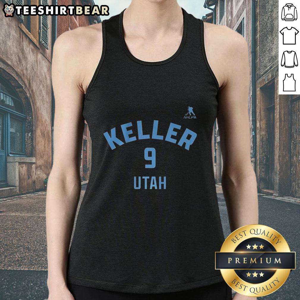 Alt Text: Nice Clayton Keller Utah Mammoth Ice Hockey name and number 9 tank top featuring vibrant team colors and logo.