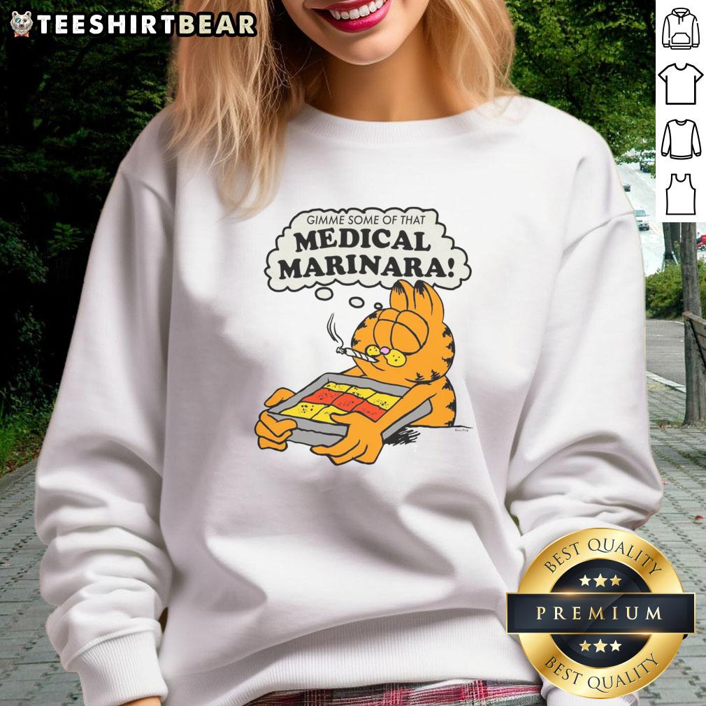 Ivory sweatshirt featuring 'Gimme Some Of That Medical Marinara' design, perfect for casual wear and cannabis enthusiasts.