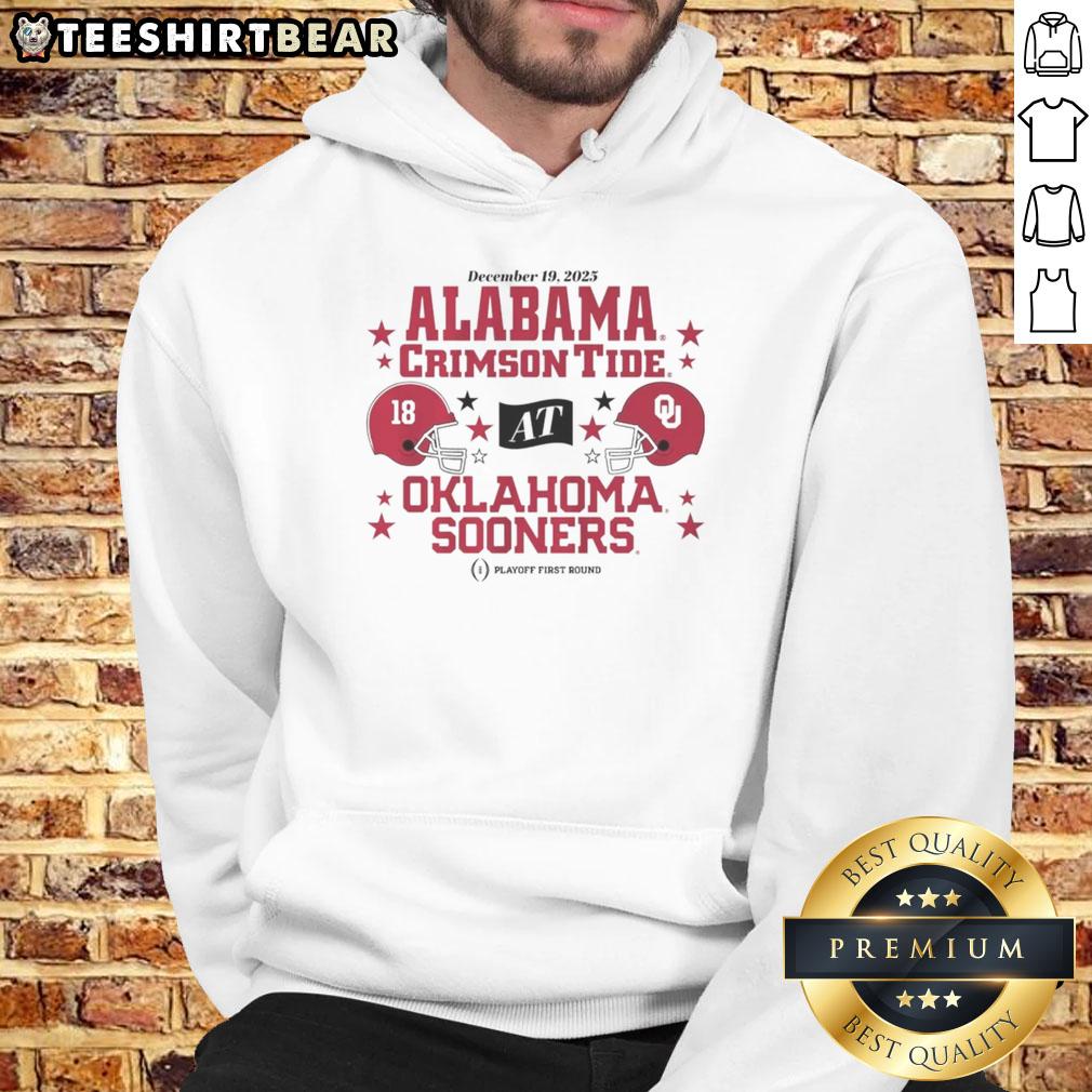2025 CFP first round matchup hoodie featuring Oklahoma Sooners and Alabama Crimson Tide logos and designs.