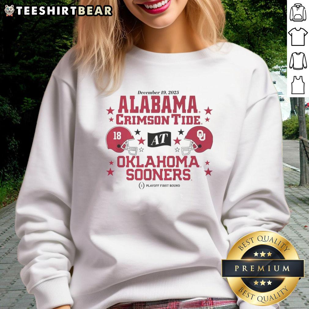 Nice Oklahoma Sooners vs Alabama Crimson Tide 2025 CFP First Round Matchup sweatshirt showcasing team spirit and rivalry.