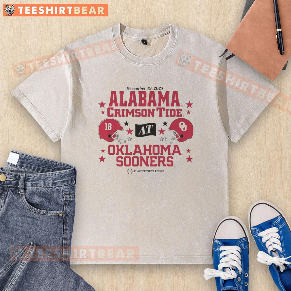 Nice Oklahoma Sooners Alabama Crimson Tide 2025 CFP First Round Matchup washed t-shirt featuring team logos and colors.