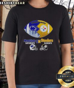 Stylish ladies tee featuring 'Nice Penn State Nittany Lions on Saturdays and Pittsburgh Steelers on Sundays' football design.