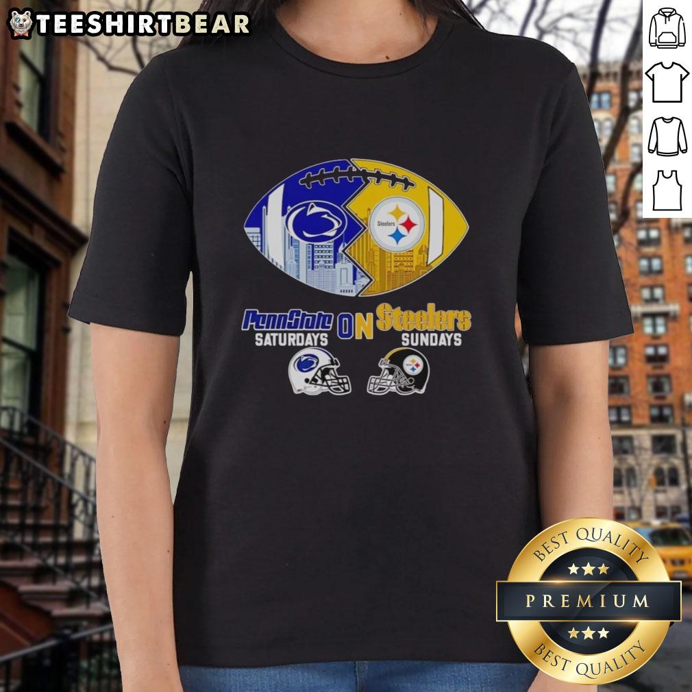 Stylish ladies tee featuring 'Nice Penn State Nittany Lions on Saturdays and Pittsburgh Steelers on Sundays' football design.