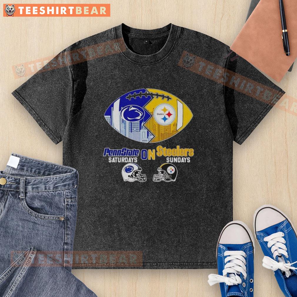Comfortable washed t-shirt featuring Penn State Nittany Lions for Saturdays and Pittsburgh Steelers for Sundays football.