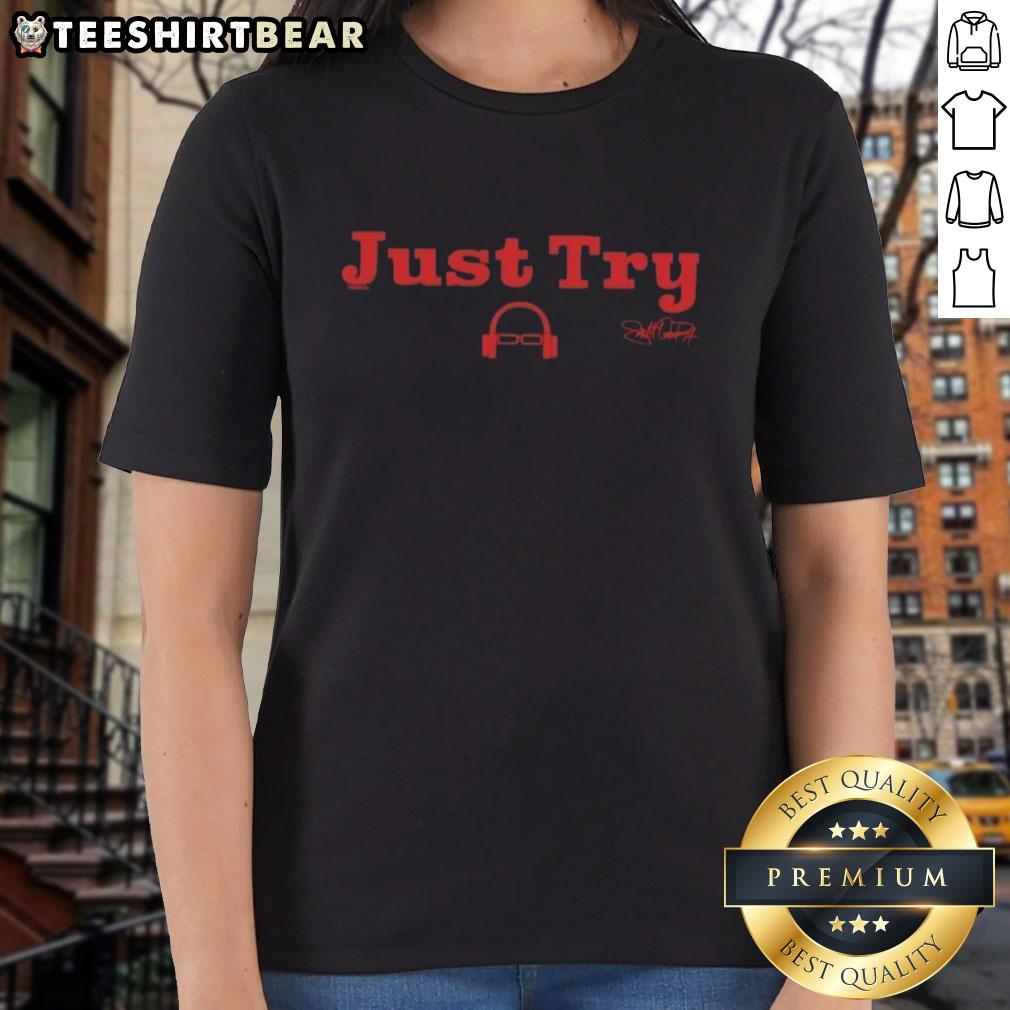 Stylish Nice Scott Van Pelt Just Try Signature Ladies Tee in vibrant colors, perfect for casual wear and sports fans.