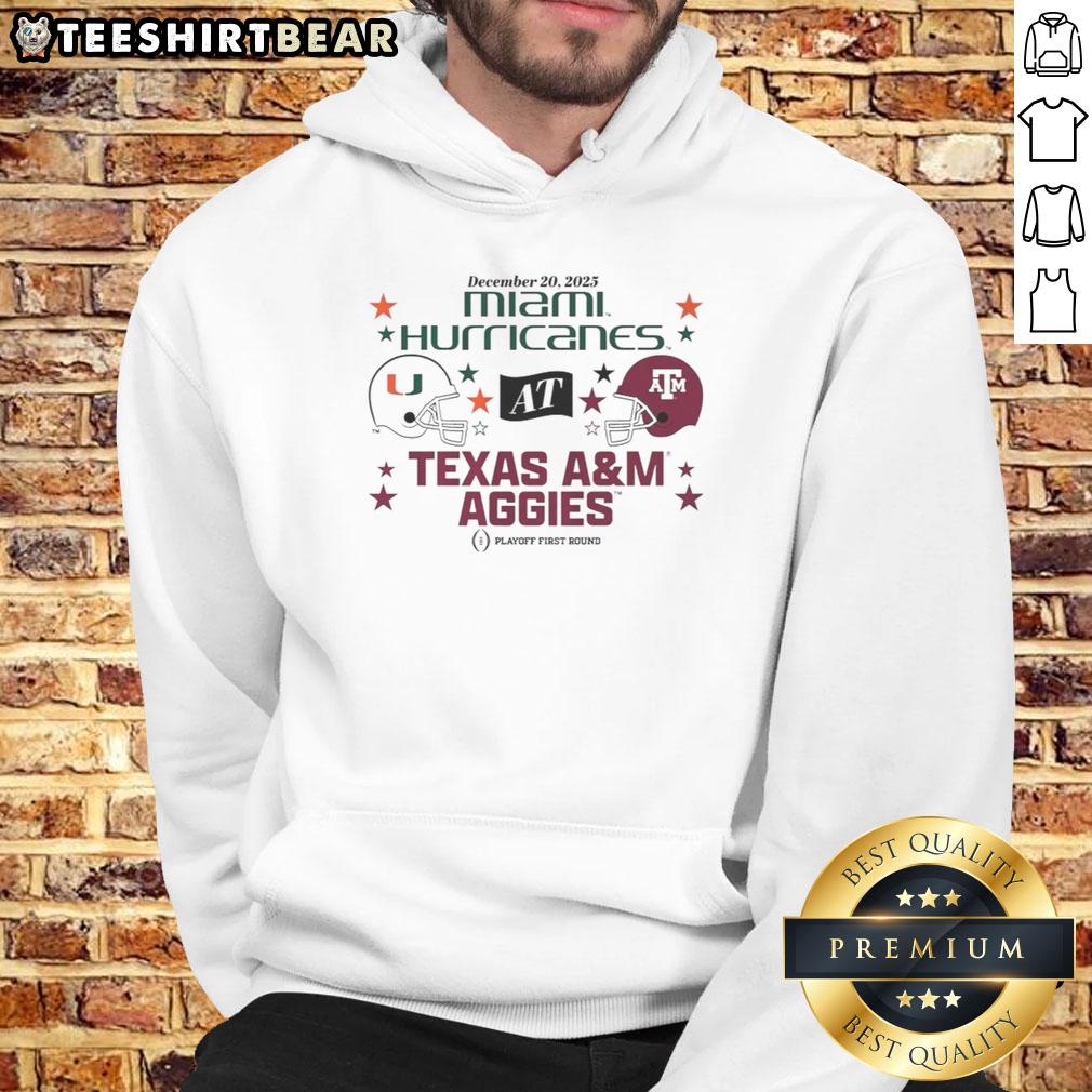 Nice Texas A&M Aggies vs Miami Hurricanes 2025 CFP First Round Matchup Hoodie featuring team logos and vibrant colors.
