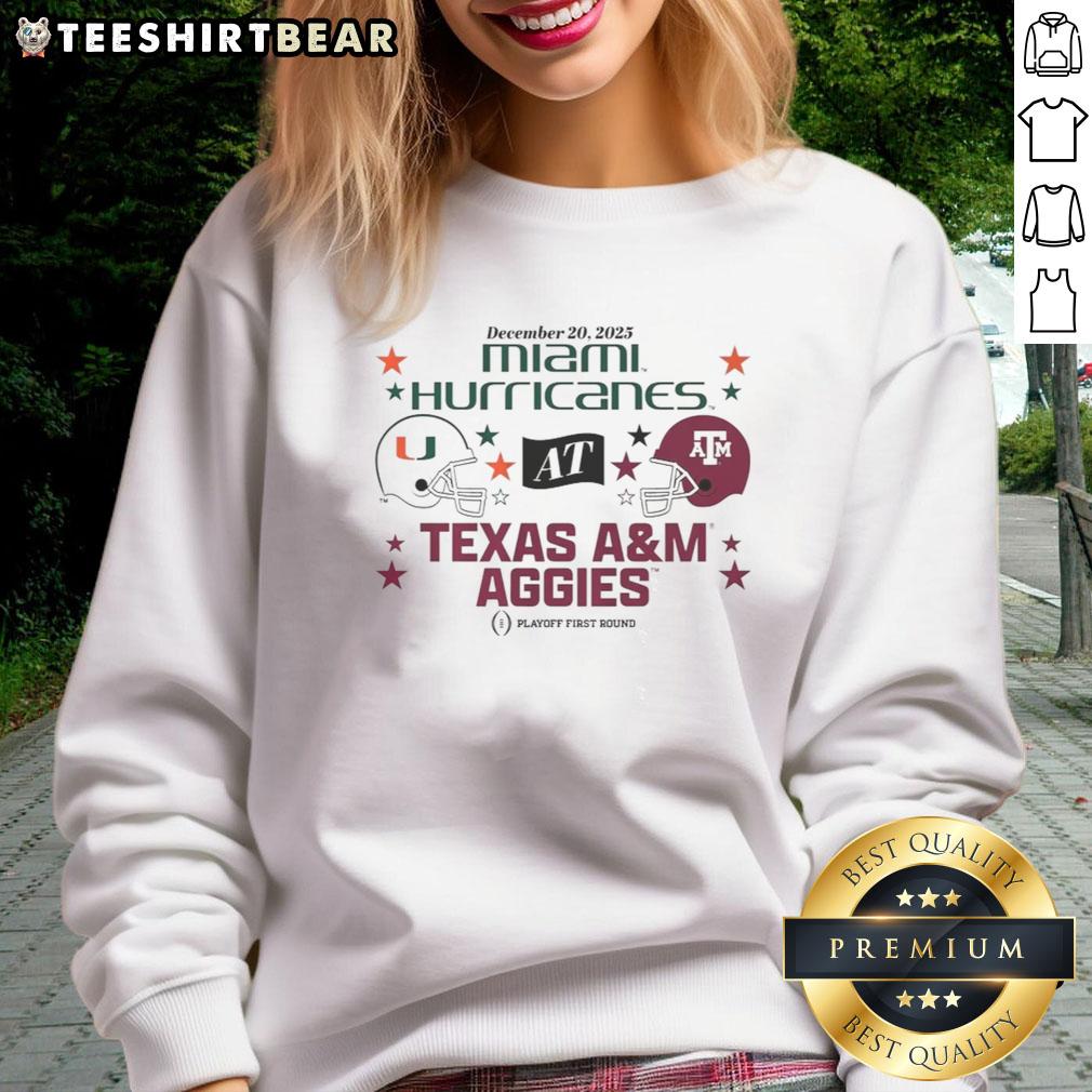 Alt Text: 2025 CFP First Round Matchup sweatshirt featuring Nice Texas A&M Aggies and Miami Hurricanes logos.