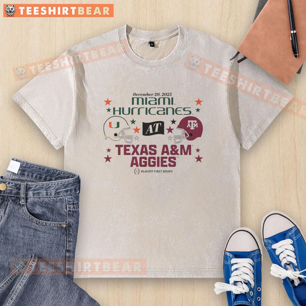 2025 CFP first-round matchup shirt featuring Texas A&M Aggies and Miami Hurricanes design, perfect for fans.