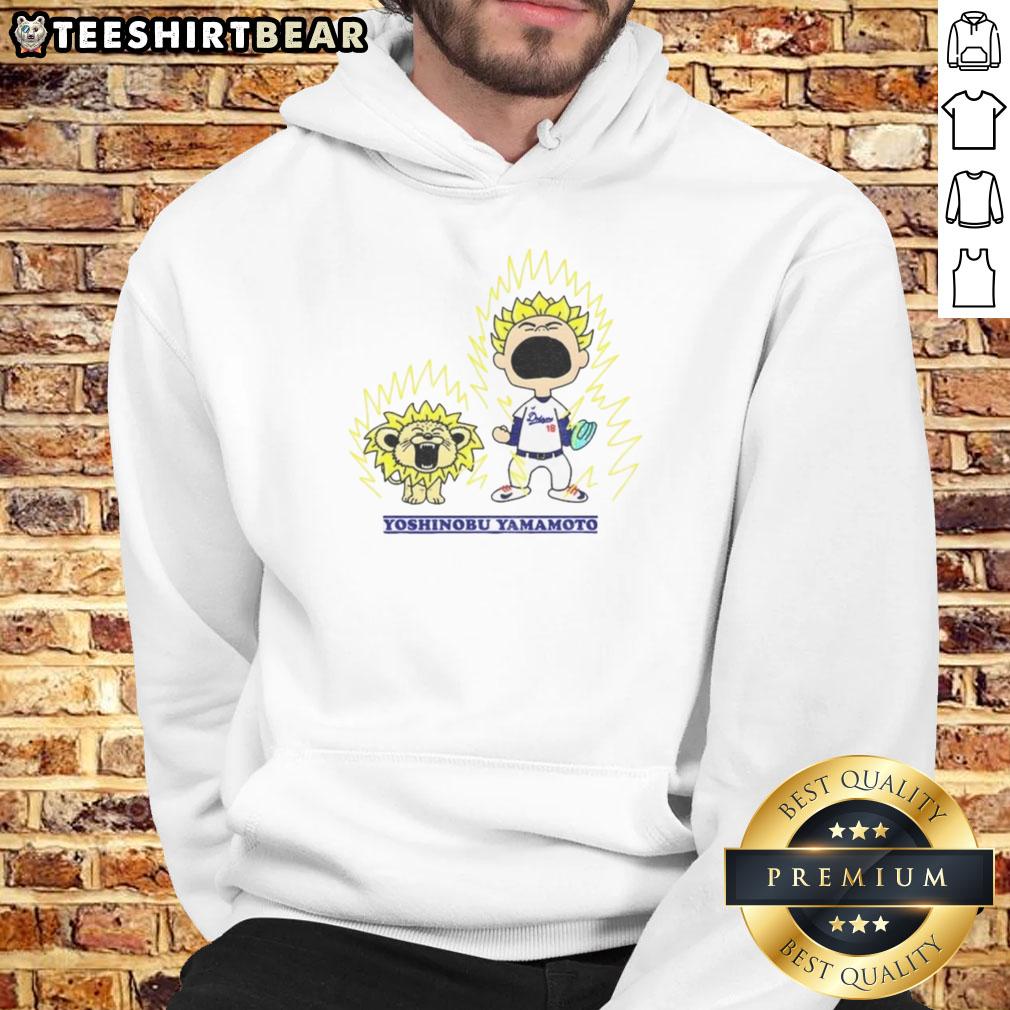 Nice Yoshinobu Yamamoto X Charlie Brown Los Angeles Dodgers MLB Super Saiyan Dragon Ball Hoodie featuring vibrant graphics.