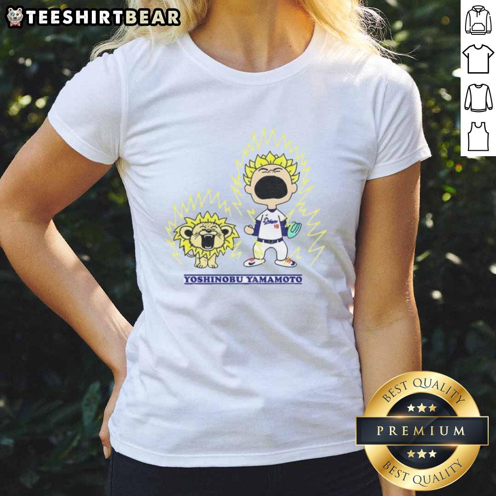Nice Yoshinobu Yamamoto X Charlie Brown MLB Super Saiyan Dragon Ball ladies tee featuring vibrant graphics and sporty design.