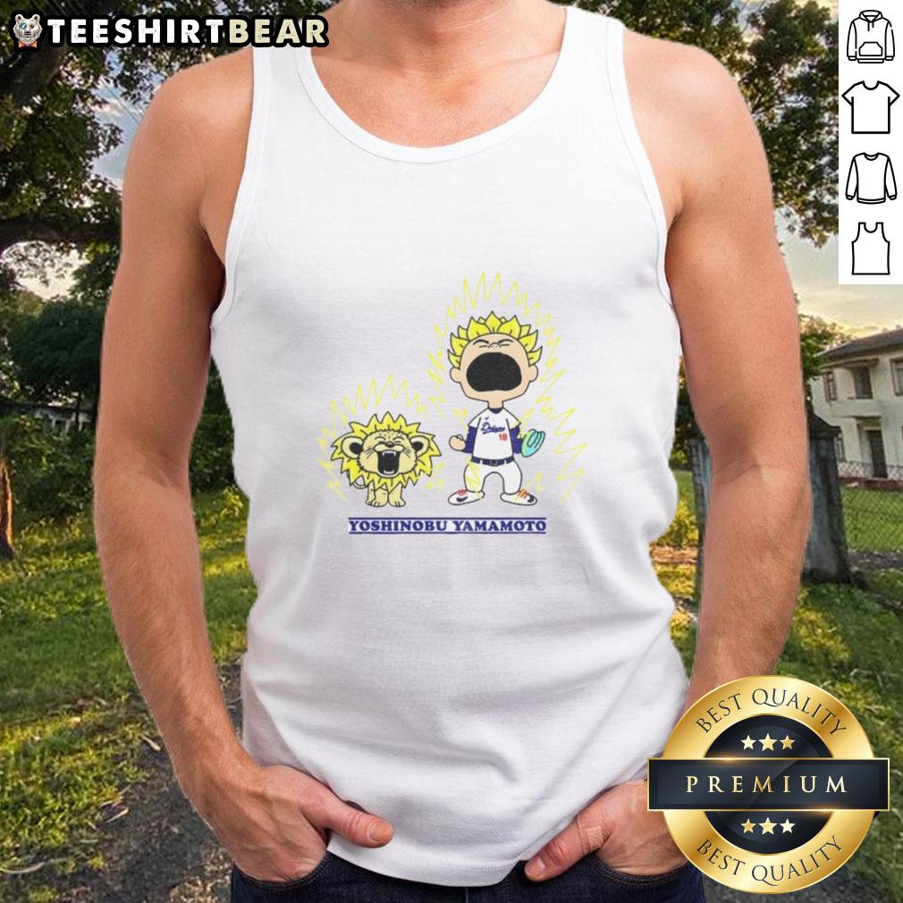 Alt Text: Nice Yoshinobu Yamamoto X Charlie Brown Los Angeles Dodgers MLB Super Saiyan Dragon Ball tank top design
