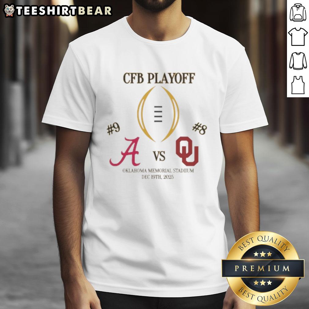 Official Alabama Crimson Tide vs Oklahoma Sooners 2025 College Football Playoff Matchup T-Shirt featuring team logos.