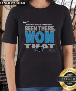 Alt Text: Official Carolina Panthers 2025 NFC South Champions Ladies Tee, featuring team logo and championship design.