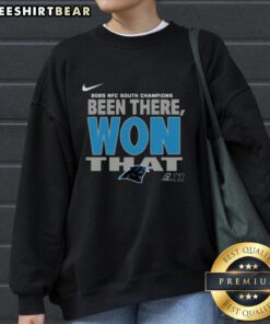 Alt Text: Official Carolina Panthers 2025 NFC South Champions sweatshirt featuring team colors and logo, perfect for fans.