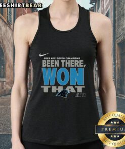 Official Carolina Panthers 2025 NFC South Champions tank top showcasing team pride and vibrant colors.