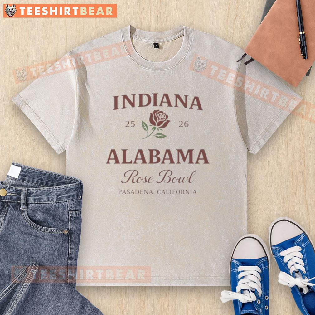 Official Indiana vs Alabama 2026 Rose Bowl washed t-shirt featuring team logos, perfect for fans in Pasadena, California.
