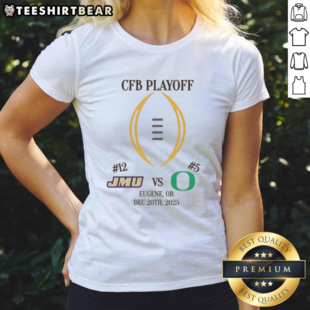 2025 College Football Playoff matchup: Official James Madison Dukes vs Oregon Ducks ladies tee showcasing team spirit.