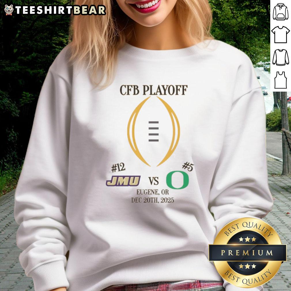 James Madison Dukes vs Oregon Ducks 2025 College Football Playoff matchup sweatshirt featuring team logos and vibrant colors.