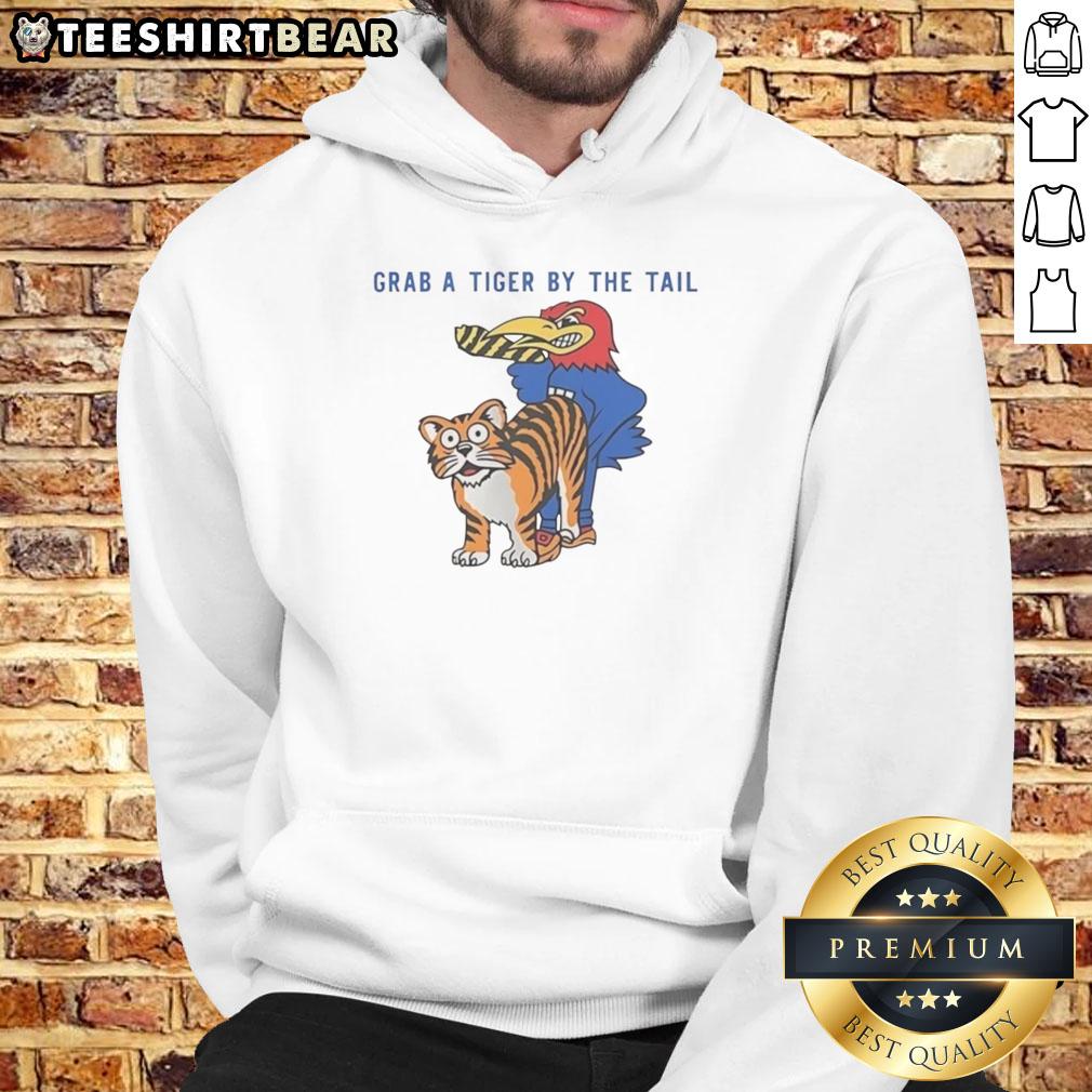 Alt Text: Kansas Jayhawks vs Missouri Tigers rivalry hoodie featuring a Tiger mascot design, perfect for fans of college sports.