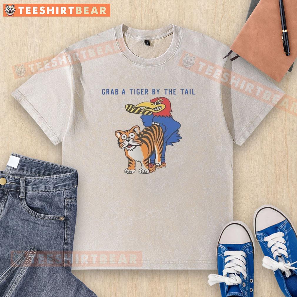 Official Kansas Jayhawks vs Missouri Tigers rivalry t-shirt featuring the Tiger mascot, perfect for fans and collectors.