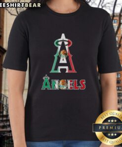 Official Los Angeles Angels baseball ladies tee featuring a vibrant Mexican flag design, perfect for fans and collectors.