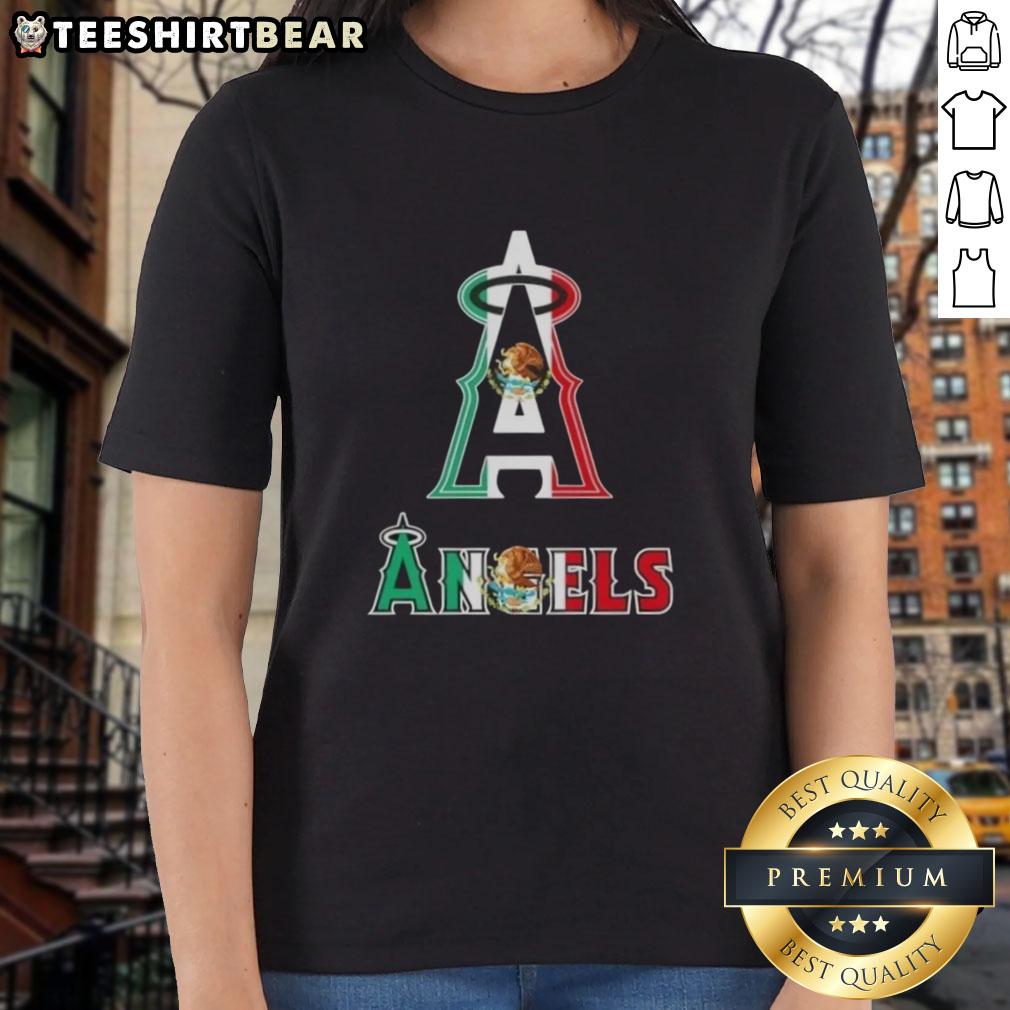 Official Los Angeles Angels baseball ladies tee featuring a vibrant Mexican flag design, perfect for fans and collectors.
