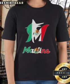 Official Miami Marlins baseball tee featuring a vibrant Mexican flag design for ladies. Perfect for fans and casual wear.