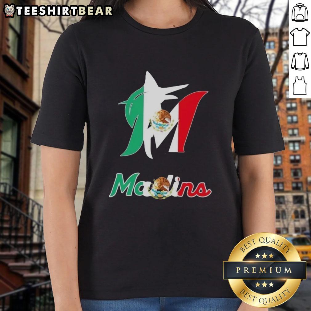Official Miami Marlins baseball tee featuring a vibrant Mexican flag design for ladies. Perfect for fans and casual wear.