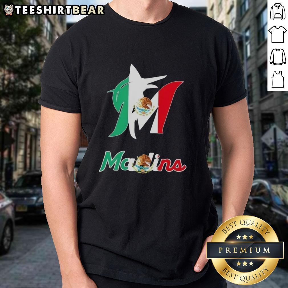 Official Miami Marlins Baseball X Mexican Flag T-Shirt featuring vibrant colors and logo, perfect for sports fans.