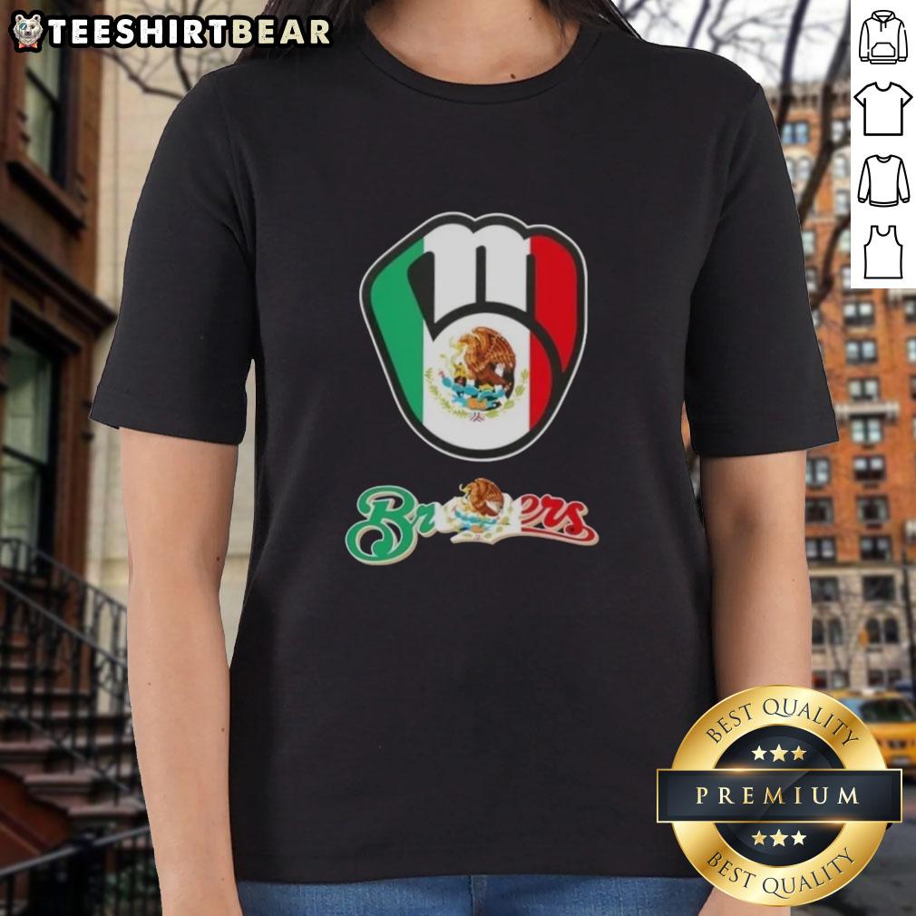 Alt Text: Official Milwaukee Brewers Baseball X Mexican Flag Ladies Tee featuring vibrant colors and stylish design for fans.
