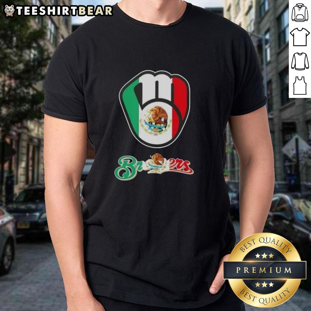 Alt Text: Official Milwaukee Brewers Baseball X Mexican Flag T-Shirt featuring vibrant colors and team logo for fans.