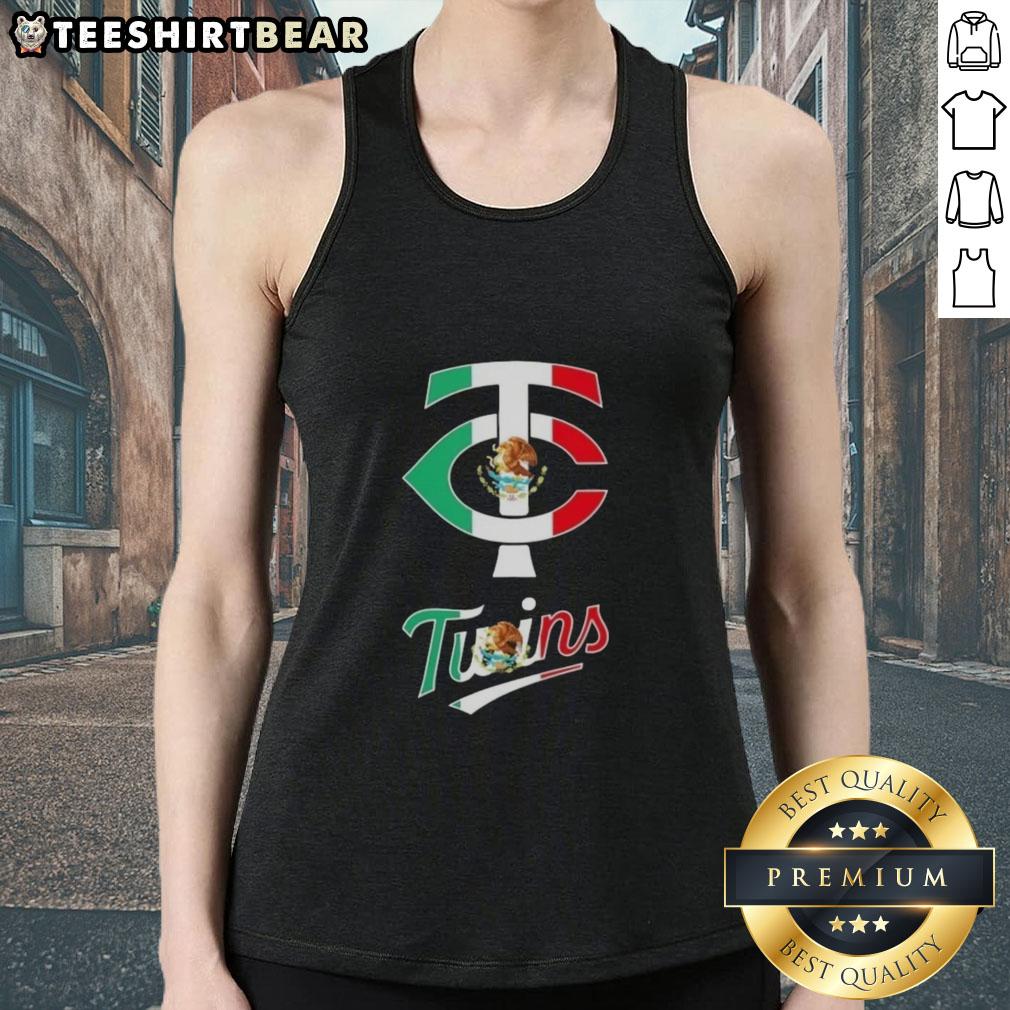 Alt Text: Official Minnesota Twins baseball tank top featuring a vibrant Mexican flag design, perfect for fans and summer wear.