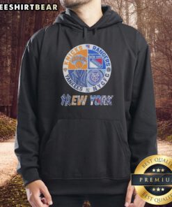 Official New York Knicks, Rangers, Yankees & CFC mashup logo hoodie showcasing iconic NYC sports team logos.