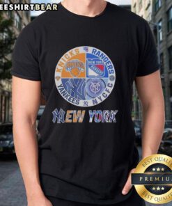 Alt Text: Official New York Knicks, Rangers, Yankees, and CFC mashup logo T-shirt showcasing iconic NYC sports teams.
