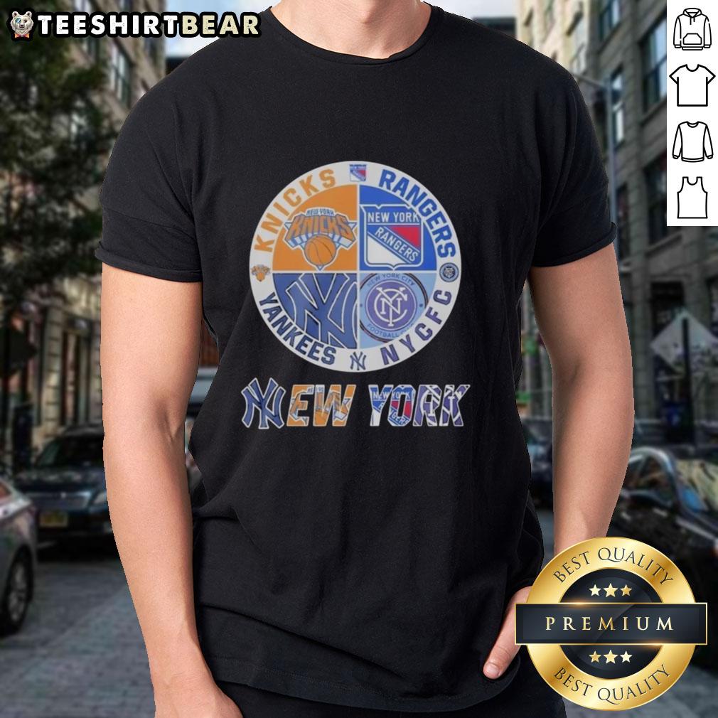 Alt Text: Official New York Knicks, Rangers, Yankees, and CFC mashup logo T-shirt showcasing iconic NYC sports teams.