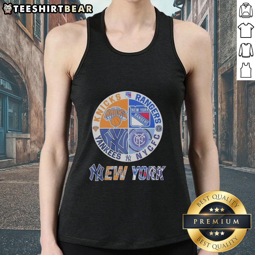 Official New York Knicks, Rangers, Yankees mashup logo tank top featuring iconic team designs for sports fans.