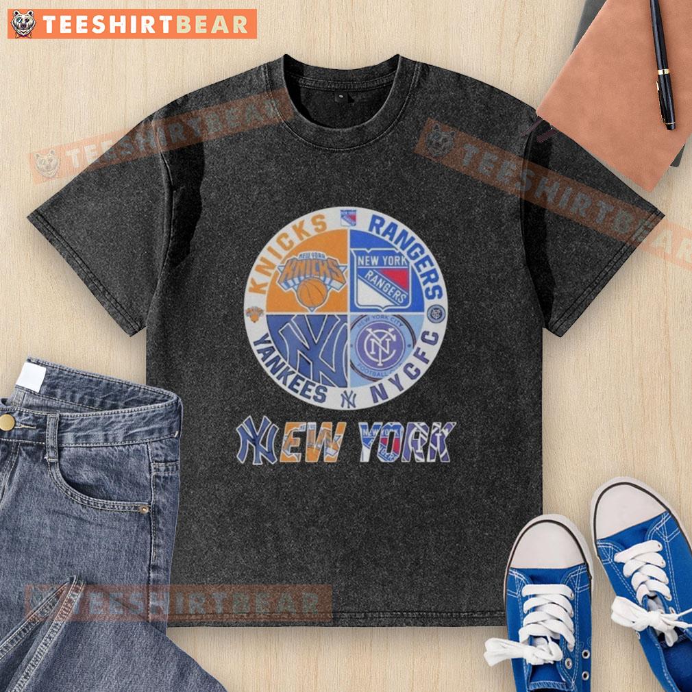 Official New York Knicks, Rangers, Yankees CFC mashup logo on a washed t-shirt, showcasing NYC sports pride and style.