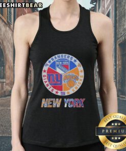Official New York Rangers, Giants, and Knicks mashup logo tank top design featuring team colors and iconic symbols.