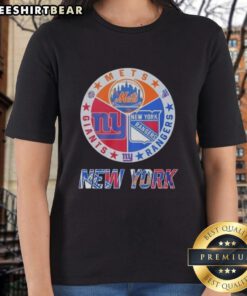 Alt Text: Official New York Rangers, Mets, and Giants mashup logo on a ladies tee, perfect for NYC sports fans.