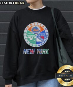 Official New York Rangers, Mets, and Jets mashup logo sweatshirt showcasing iconic NYC sports team logos.