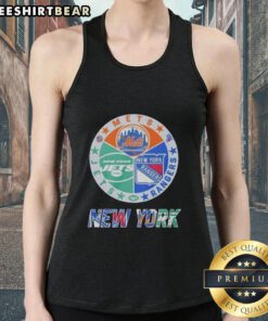 Official New York Rangers, Mets, and Jets mashup logo tank top featuring vibrant team colors and unique design.